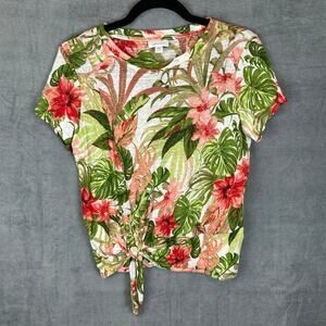 J Jill Love Linen Top Womens Small Petite Pink Floral Tie Waist Beach Tropical
